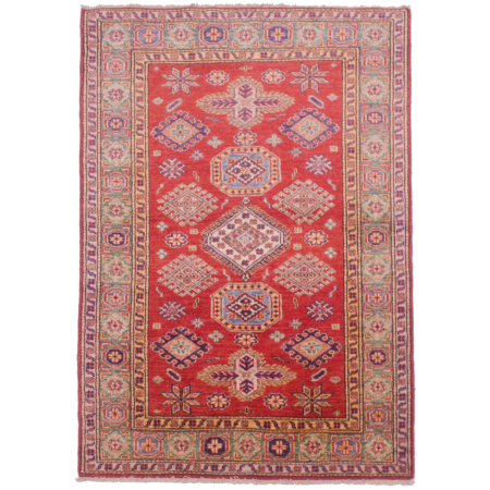 Fine red Afghan Kazak Rug with green border & geometric design.