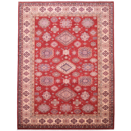 Hand-knotted wool pile fine red Afghan Kazak carpet with all over geometric design and beige border.