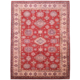 Hand-knotted wool pile fine red Afghan Kazak carpet with all over geometric design and beige border.