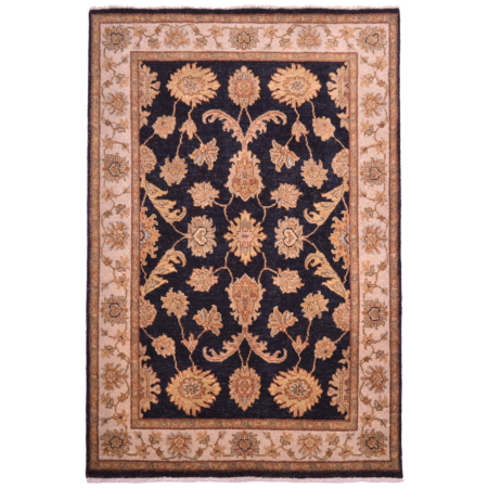 Indo Ziegler rug hand-knotted wool pile rug with midnight field, gold floral design and beige border.