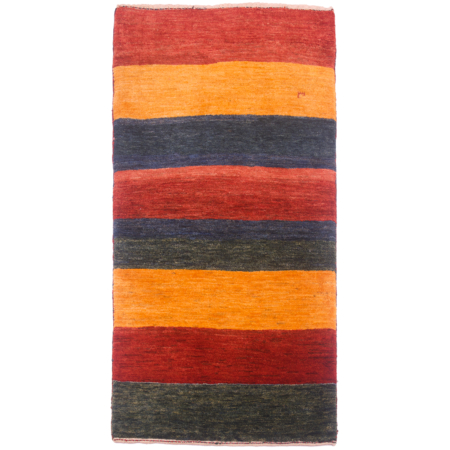 Fine quality Gabbeh short runner with striped design in colours of rust, ochre, green and blue.