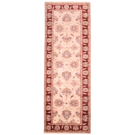 Afghan Ziegler Runner: all over floral design on a beige field with rust-red/maroon main border.