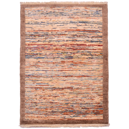 Hand-knotted wool pile Afghan Line-Gabbeh Rug with abstract theme of multicolour stripes surrounded by a plain brown border.