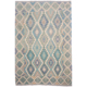 Green, turquoise and cream handwoven Afghan Veg-Dye Kilim with all over geometric design.