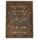Afghan Samarkand Carpet in green with geometric tribal design featuring plant and animal motifs.
