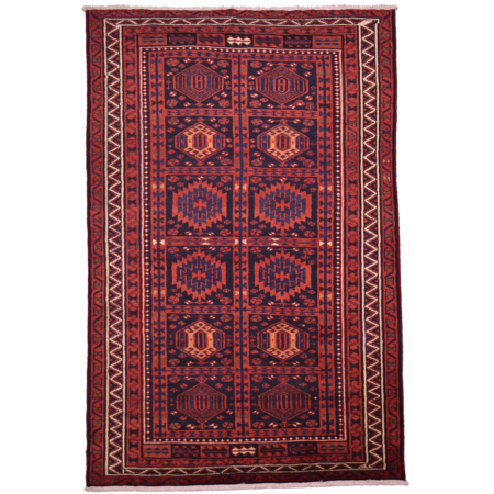 Red, navy blue and cream coloured Persian Luri Carpet with geometric panel design.