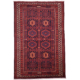 Red, navy blue and cream coloured Persian Luri Carpet with geometric panel design.
