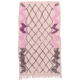 Vintage Azilal rug with off-white background, black lattice overlay & flashes of pink zigzag sides.