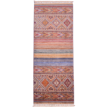 Handwoven Afghan Khorjin Runner with two patterned end panels divided by a middle section of stripes.