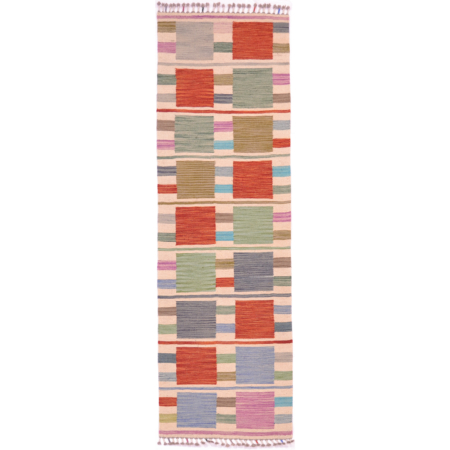 Multi-colour handwoven Modern style Afghan Kilim Runner with design of squares and stripes.