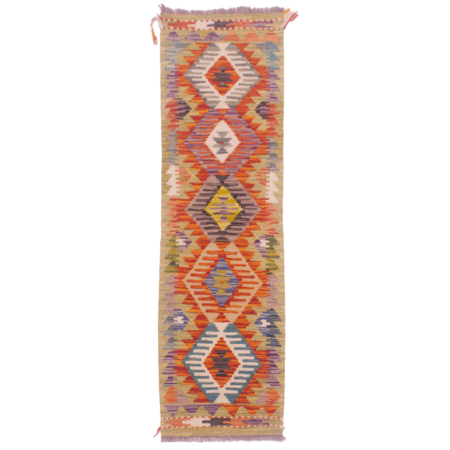 Very narrow Afghan Kilim Strip with multi-colour geometric design of 5 medallions.