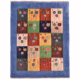 Gabbeh Modern Rug with 20 colourful panels of floral design surrounded by a plain blue main border.