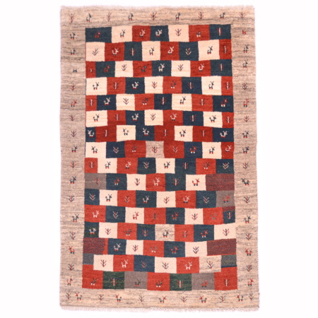 Gabbeh Modern Rug, chequerboard design in rust, green, and cream with neutral, natural border surround.