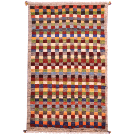 Hand-knotted wool pile Modern chequerboard Gabbeh Rug with multicolour design.