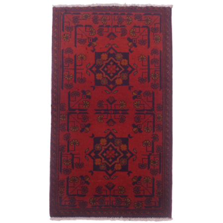 Afghan Khan Mohamadi Mat with rich orangey-red primary colour along with dark blue/black.