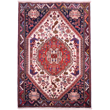 Handwoven wool pile fine Qashqai Rug with cream field, navy corners and terracotta-red medallion.