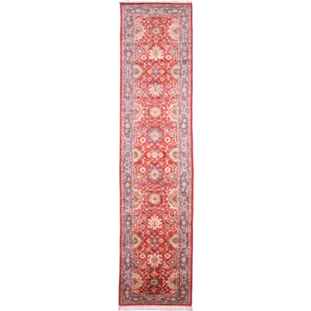 Hand-knotted wool pile Afghan Aryana Runner, red with blue collars, all over floral harshang design.