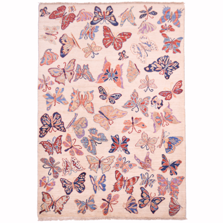 Afghan Aryana Butterflies Rug showing a kaleidoscope of fluttering butterflies on a beige ground.