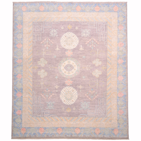 Afghan Khotan design carpet with three circular medallions on a grey ground with light blue outer border as well as delicate detail touches of soft green, pink and gold.