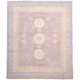 Afghan Khotan design carpet with three circular medallions on a grey ground with light blue outer border as well as delicate detail touches of soft green, pink and gold.