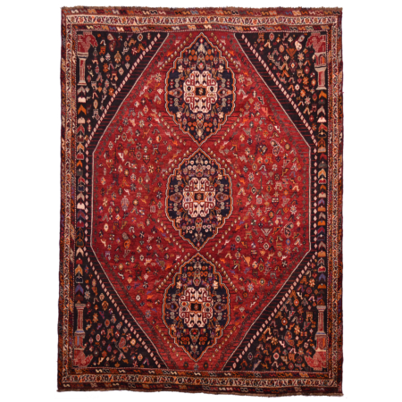 Old Qashqai Carpet with 3 medallion design on a mature red ground with black medallions and corners.