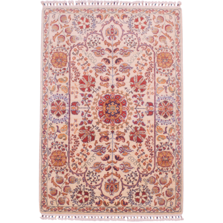This hand-knotted wool pile Afghan Suzani design rug has a cream ground with elaborate floral pattern.