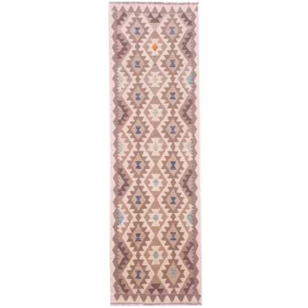 Afghan Natural Dye Kilim Runner with neutral tones of brown, cream, & grey with touches of blue, turquoise & orange.