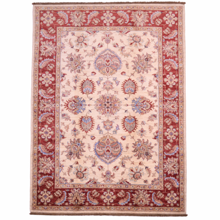 Afghan Ziegler rug: beige with floral design and rust-red border.