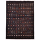 Afghan Gabbeh Rug: black with plenty of variations of shade; it has a simple design of rows of small rosettes and square motifs.