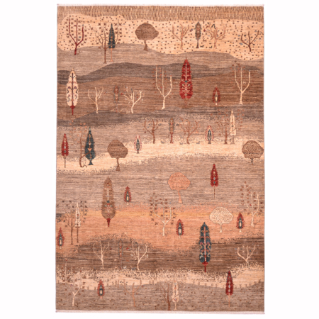 Pictorial Aryana-Loribaft carpet with scene depicting mountains and trees in colours of beige, brown, apricot and touches of rust.