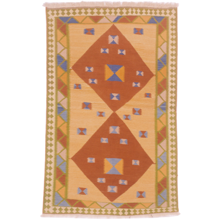 Brown, amber-gold & green Qashqai Kelim Rug with 2 medallion geometric design.