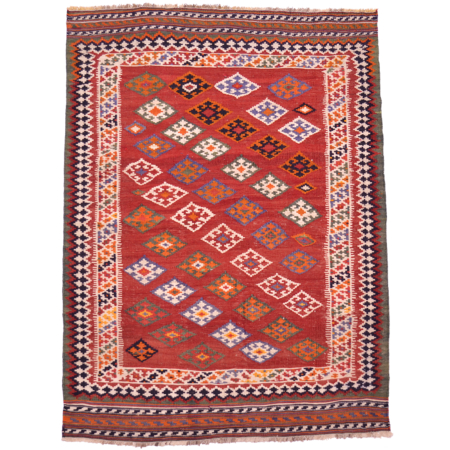 Handwoven old Qashqai Kilim Rug with mature red field colour & all-over geometric diamond design.