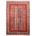 Hand-knotted wool pile Afghan Shaal Rug with theme of patterned stripes surrounded by inner plain red border and outer green border with amulets motifs.