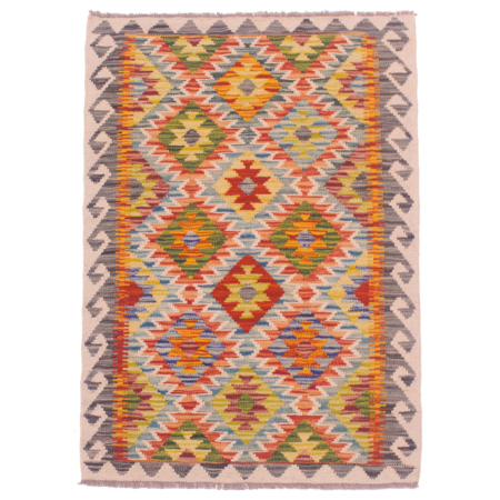 Multi-colour geometric design Afghan Kilim rug - grey and beige border