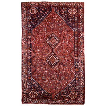Old Persian Qashqai Rug with double medallion design on a madder red field decorated with plant and animal motifs.
