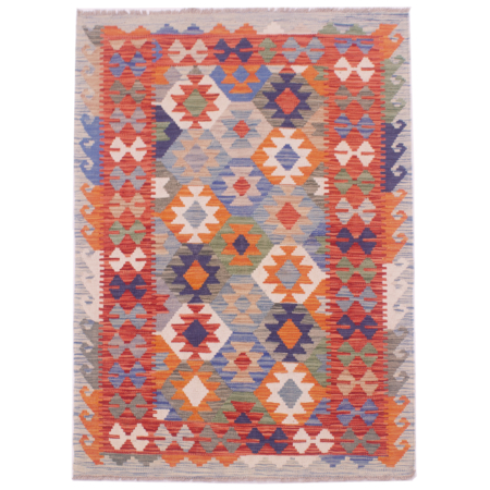 Handwoven Veg Dyed Afghan Kilim Rug with geometric all over design and multicolour scheme.
