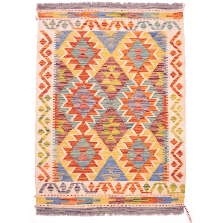Handwoven Veg Dye Afghan Kilim Rug made from wool; geometric all over design in colours of rust, yellow, cream, green, blue and turquoise.