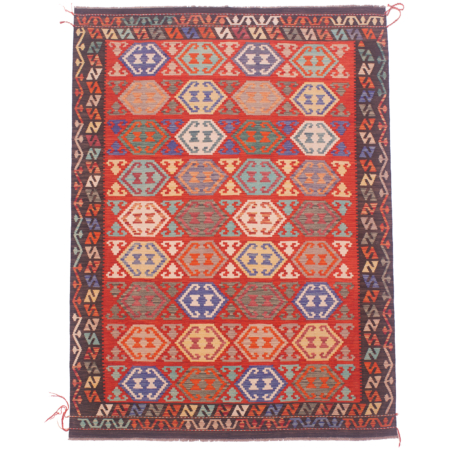 Handwoven Red Afghan Kilim Rug with all over geometric pattern on a red field surrounded by a black border.