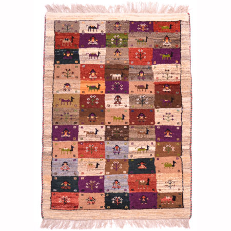 Gabbeh Modern Chequerboard Rug with multi-colour theme of squares containing animal, humanoid and plant motifs, with natural, neutral border surround.