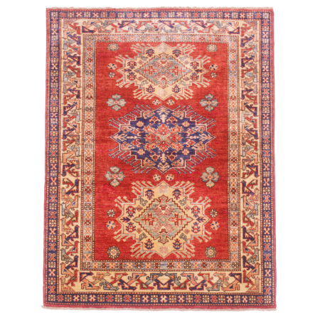 Rust red Fine Afghan Kazak Rug with triple medallion design & border of stylised bird motifs.