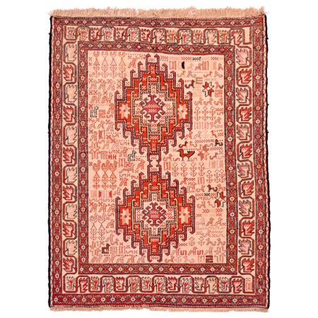 Silk Soumak Kilim rug with two red and orange medallions set against a cream field with an assortment of plant and animal motifs.