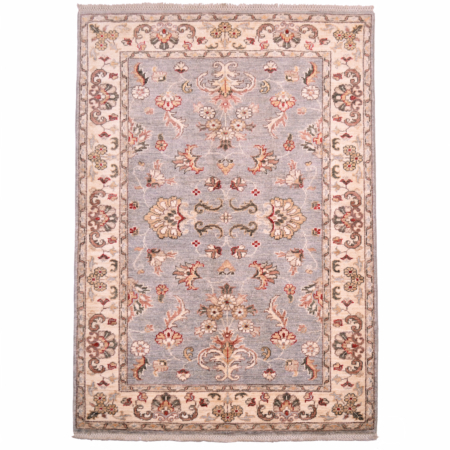Afghan Ziegler Rug grey with beige border. all over floral design.