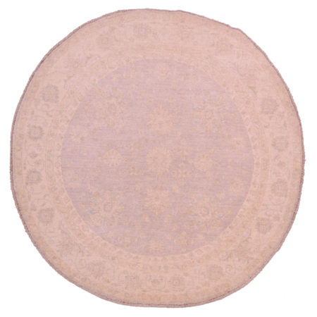 Afghan Ziegler Circle Rug with soft grey field, faint floral design and beige border.
