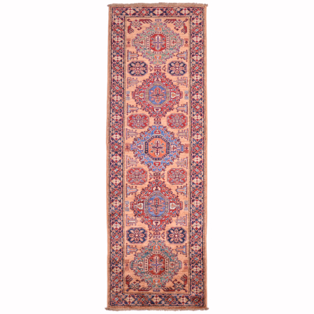 Fine Afghan Kazak Runner rug with geometric 5 medallion design on a soft orange ground.