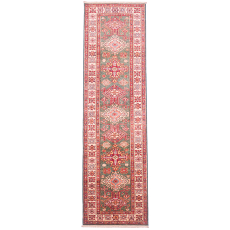 Fine Afghan Green Kazak runner with geometric design of 9 medallions.