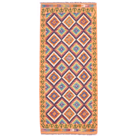 Maimana Afghan Kilim Runner all over diamond design with orange border with green meander.