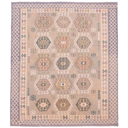 Soft colour Large Afghan Veg Dye Kilim with all over design; green-grey colour with blue and cream.