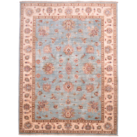 Afghan Ziegler Rug with floral design on a aqua-blue ground with beige border.