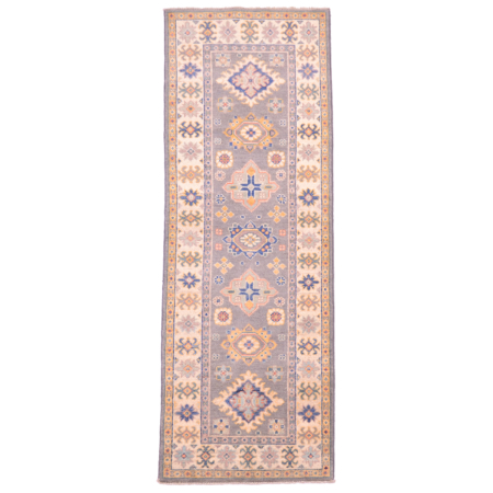 Afghan soft Grey Kazak Strip / runner rug with geometric design & cream border.