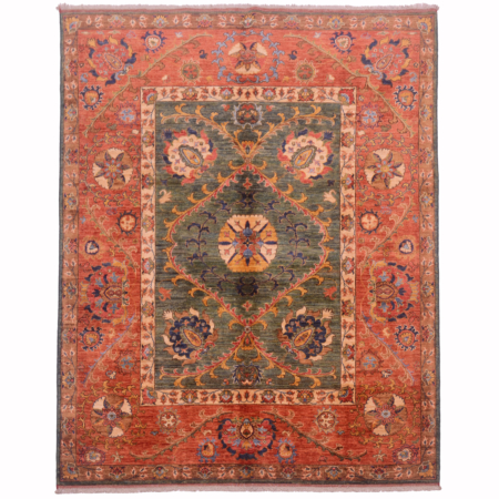 Hand-knotted wool pile Afghan Suzani design Carpet with green field with floral pattern & wide terracotta-rust border.